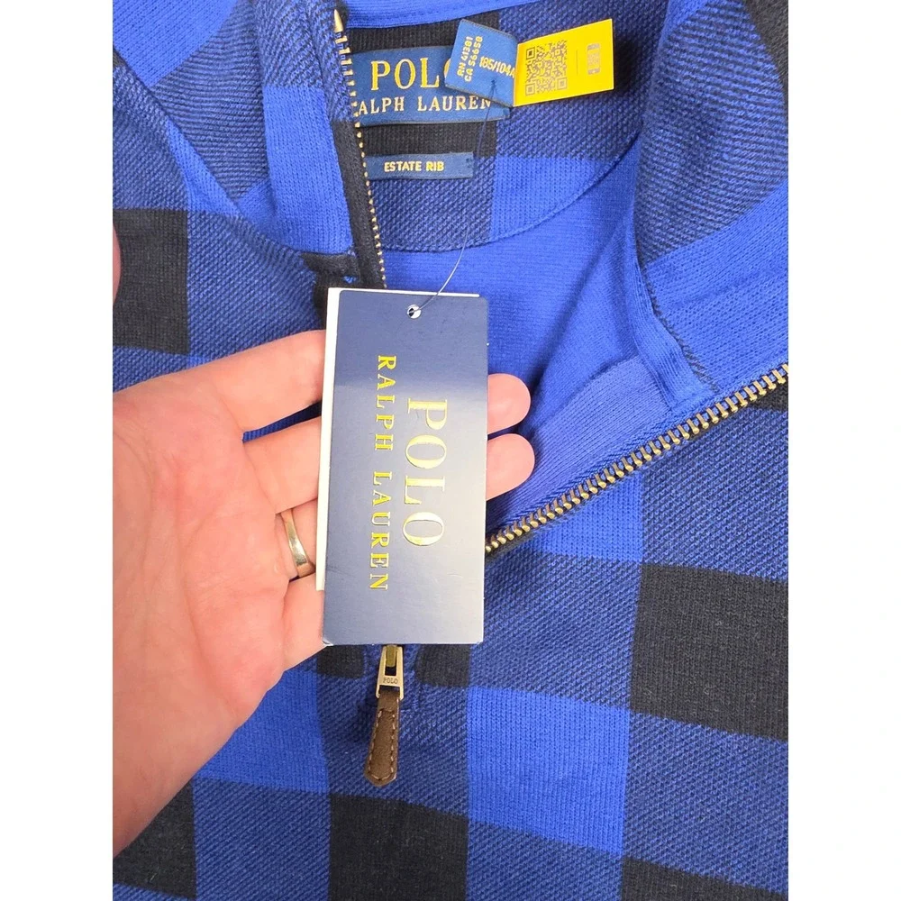 Polo Ralph Lauren Quarter Zip Sweater Men XL Blue Check Estate Rib Buffalo Plaid